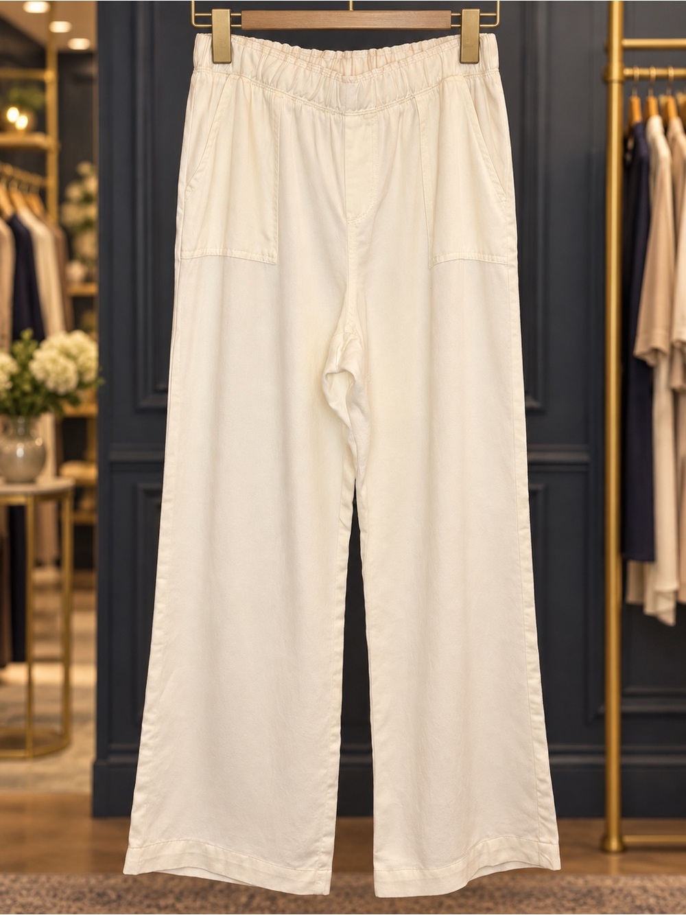 Karen Kane Cream Elastic-Waist Wide-Leg Chinos